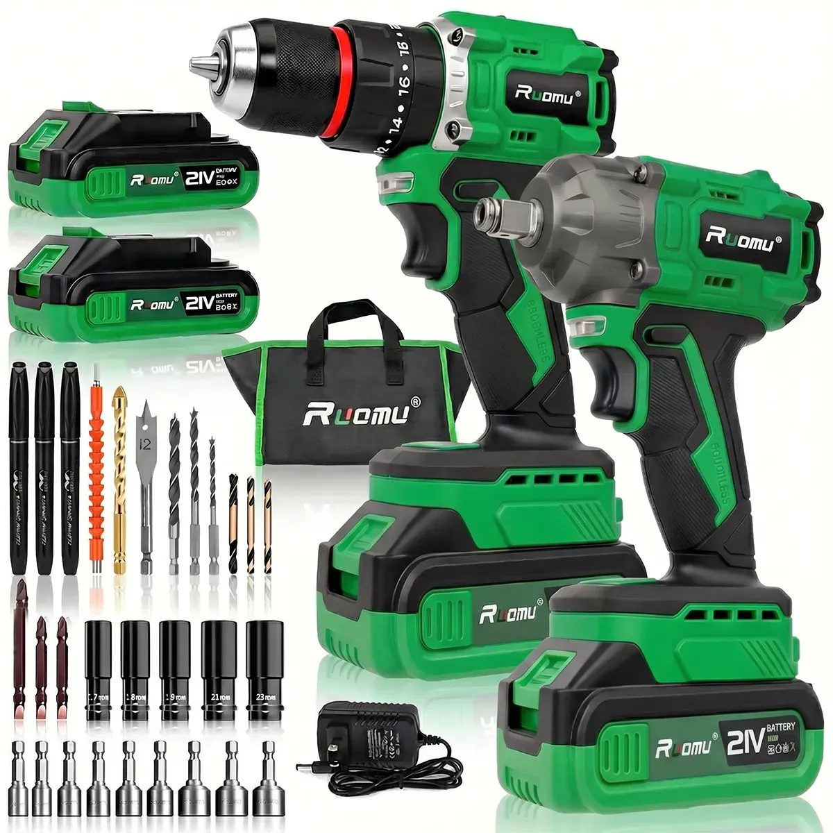 Kit Chave De Impacto + Furadeira Parafusadeira Brushless 21v 2 Baterias