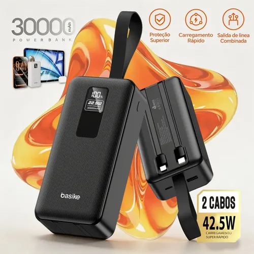 Basike Power Bank 30000mAh Com Carga rápida Turbo 42.5w Cabo e Digital para Celular Univer
