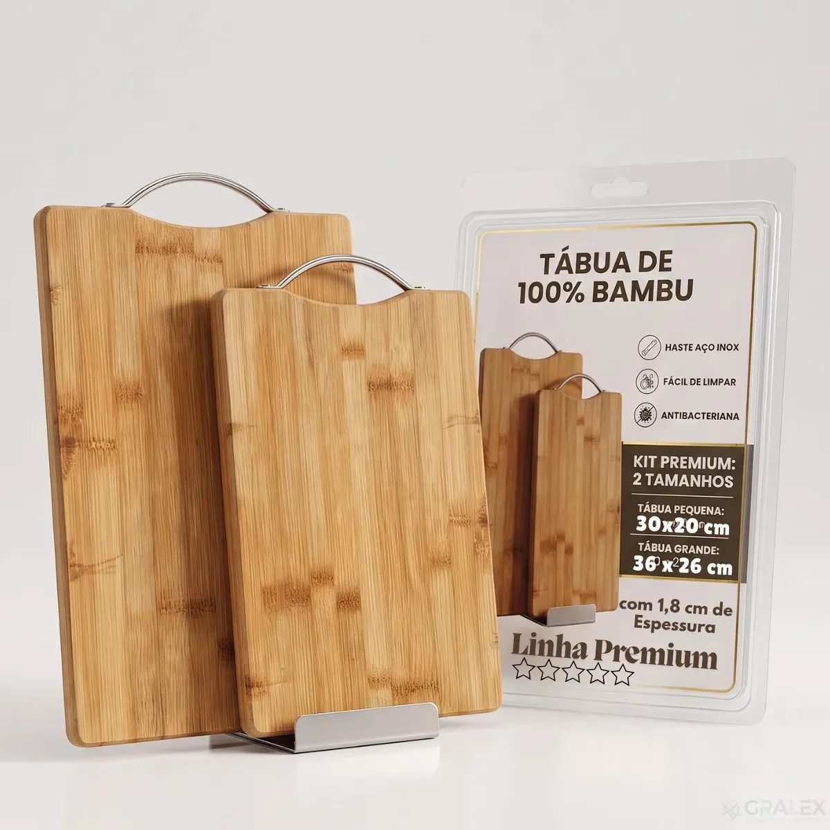 Tabua Corte Bambu Natural Alça Inox 30x20cm e 36x26cm Antibacteriana e Funcional