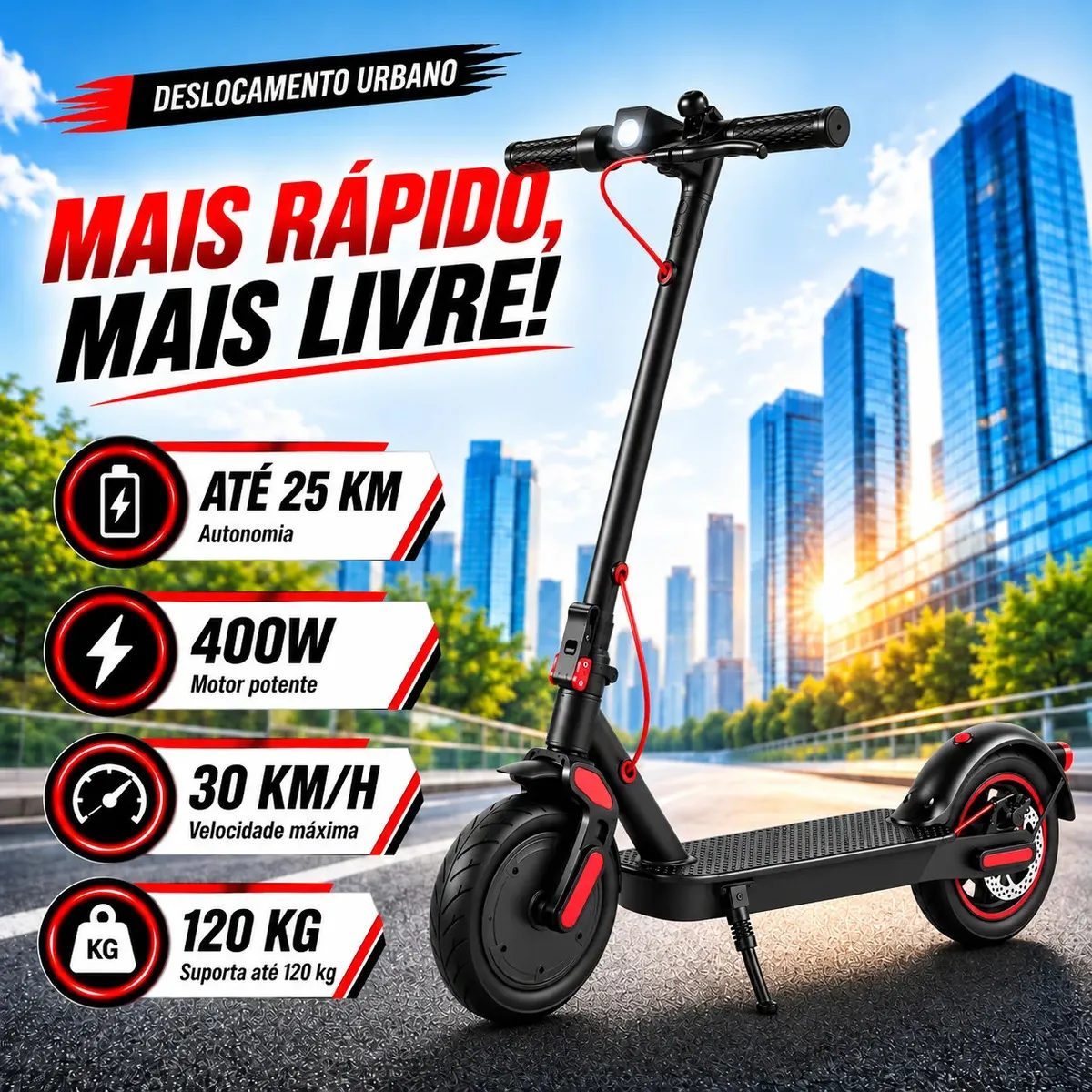 Patinete Elétrico Dobrável 400W 30km/h Suporta 120kg Pneu 8,5 Pol Bluetooth Portátil para 