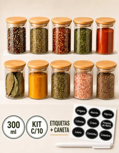 Kit com 10 Potes Porta Temperos Tampa Bambu