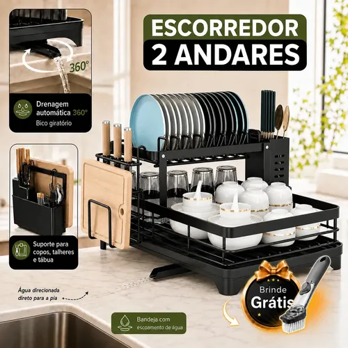 Escorredor De Louça Secador De Pratos Cozinha Aço Inox Preto 2 Andar Porta Talher Tigela E