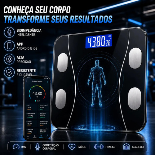 Balança Digital de Bioimpedância Smart — Bluetooth, até 180kg, com aplicativo para Android