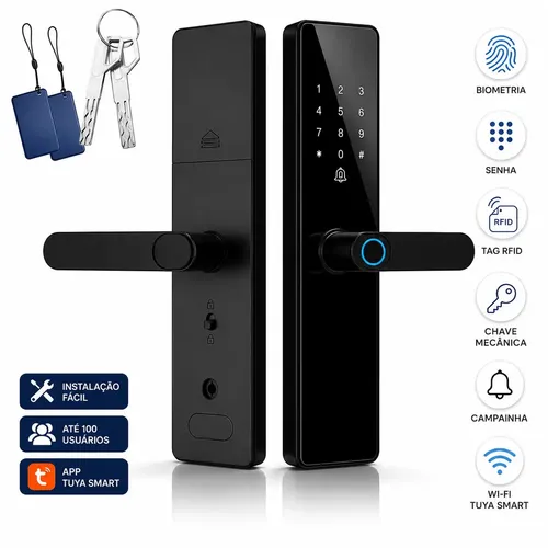 Fechadura Digital Biométrica Asus WiFi Senha App Tuya Preta