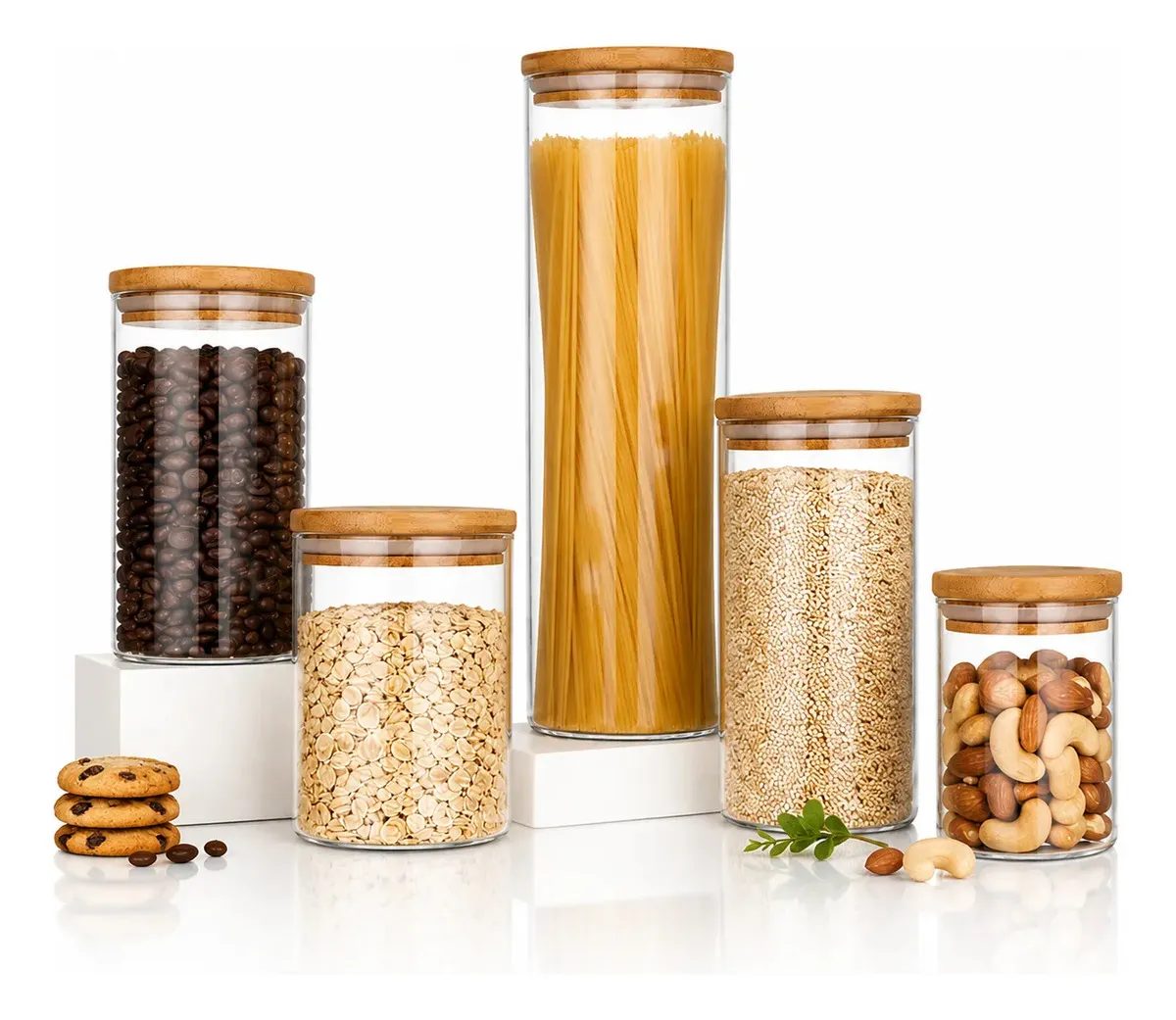 Kit 5 Potes Mantimentos Vidro Herméticos Com Tampa Bambu