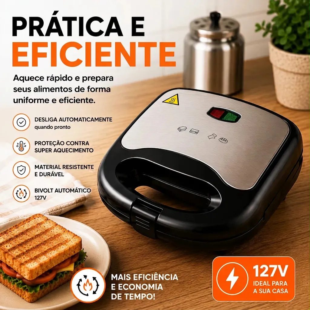 Sanduicheira Elétrica Luxe Grill 2 Em 1 Antiaderente Multiuso Compacta 750w Inox ViaCruz