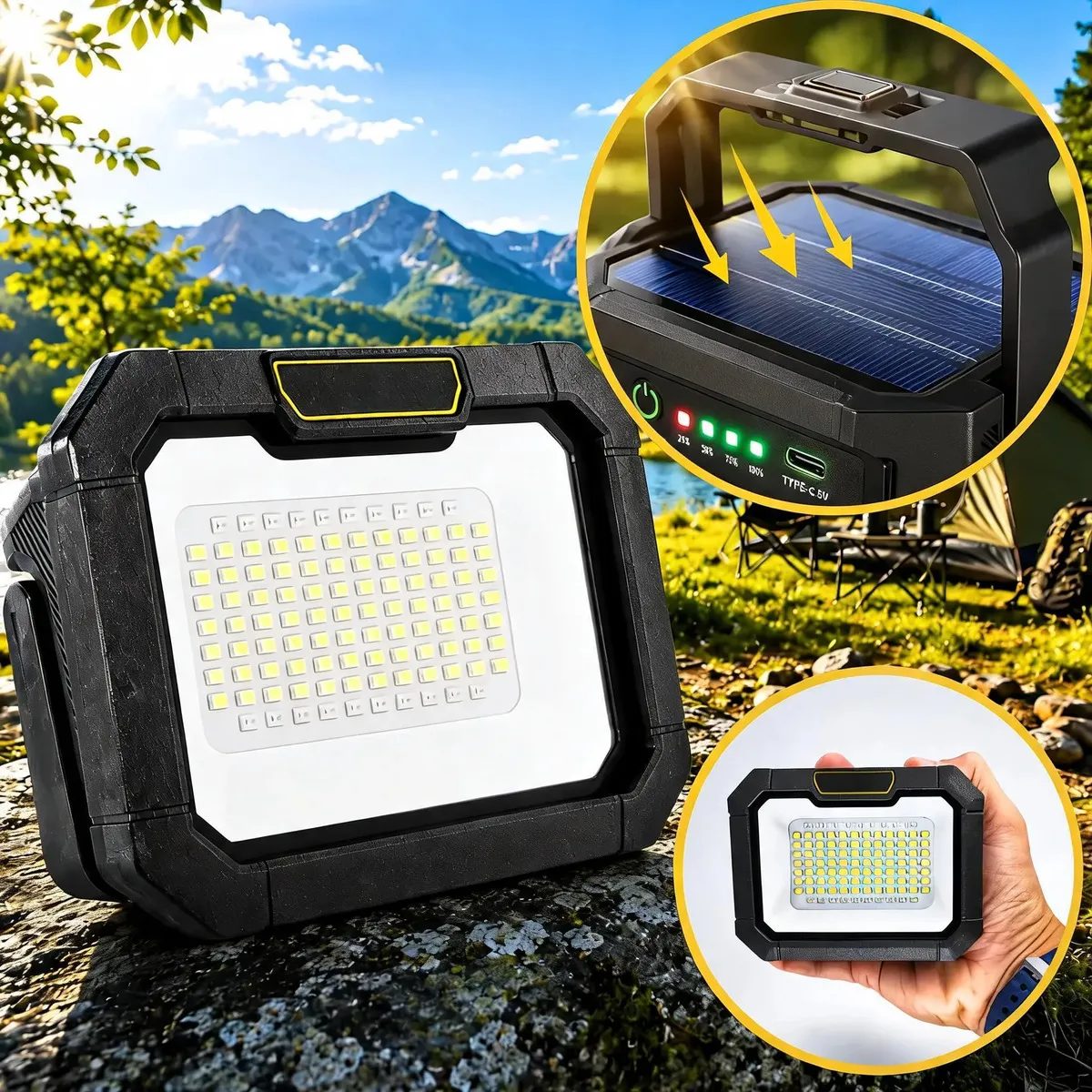 Lampião Solar Led Recarregável Acampamento Lâmpada Barraca - Preto Usb