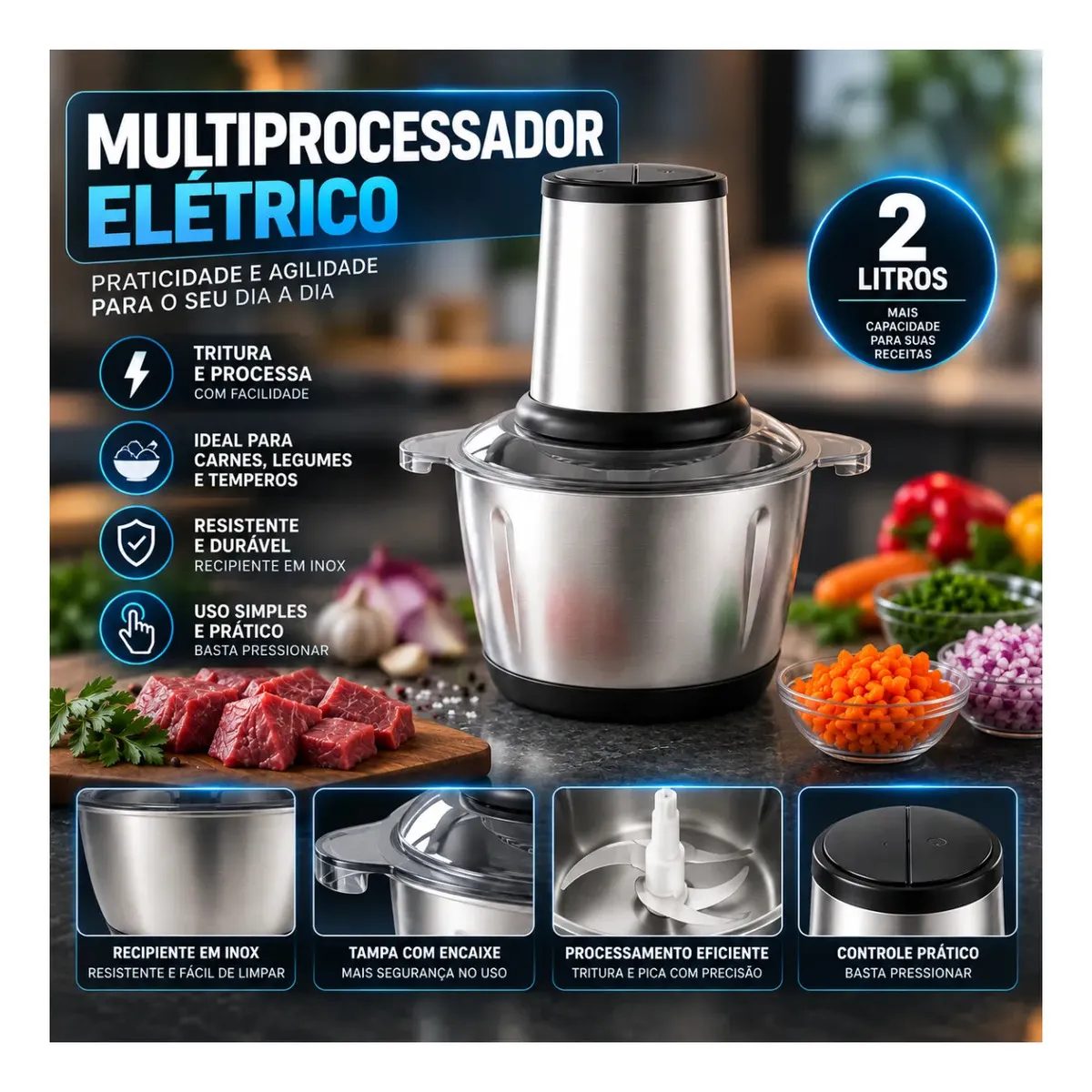 Multiprocessador Elétrico 2L 400W Inox