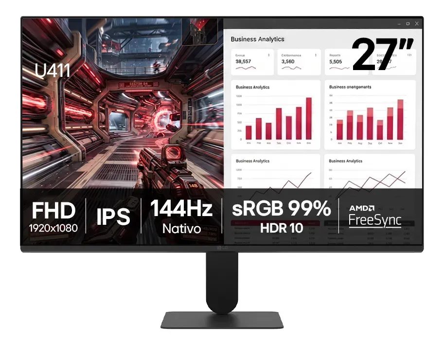 Monitor LG FHD Gamer & Office tela IPS 27”, 1ms (MBR), 144Hz Nativo, FreeSync, HDR10, sRGB