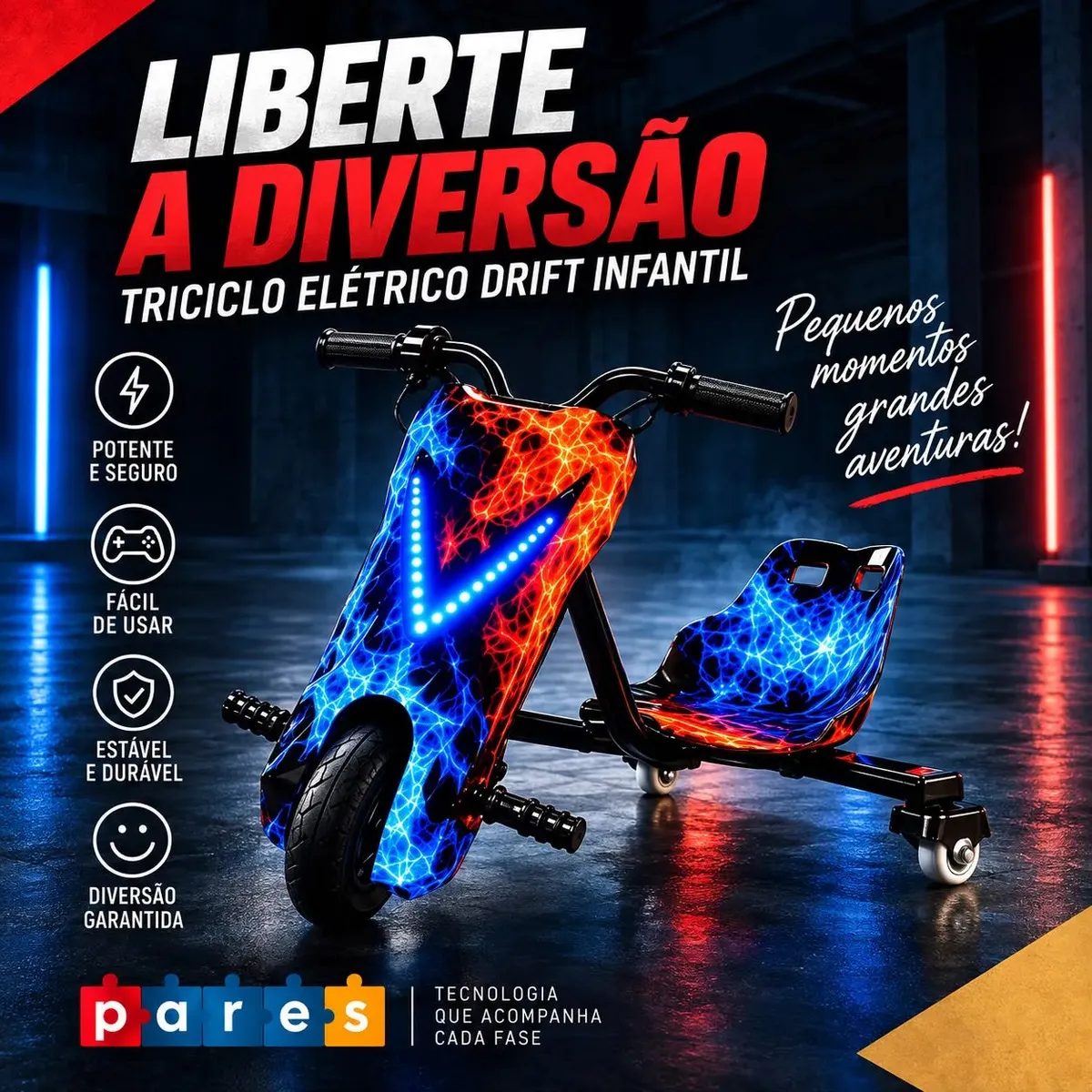 Patinete Elétrico Infantil Triciclo Drift 3 Rodas Diversão e Lazer + Kit de segurança