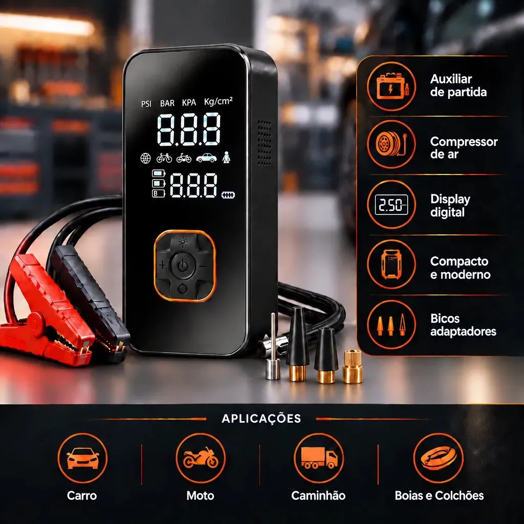 Compressor Elétrico Portátil Digital Auxiliar de Partida e Powerbank