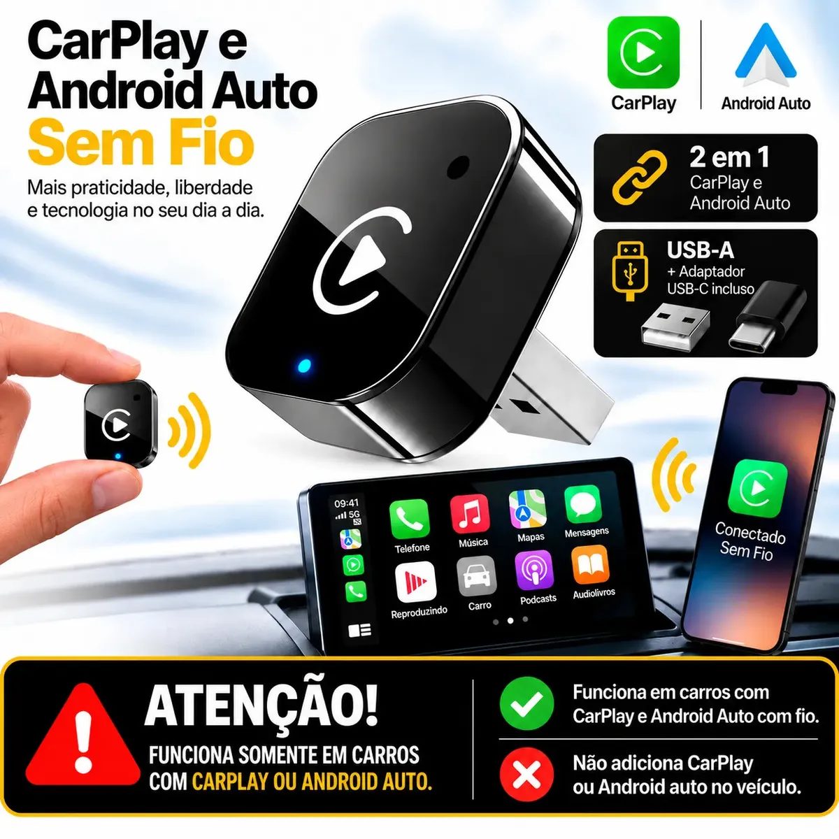 Adaptador CarPlay Sem Fio Android Auto 2 em 1 Compatível Carro Som Multimídia Portátil
