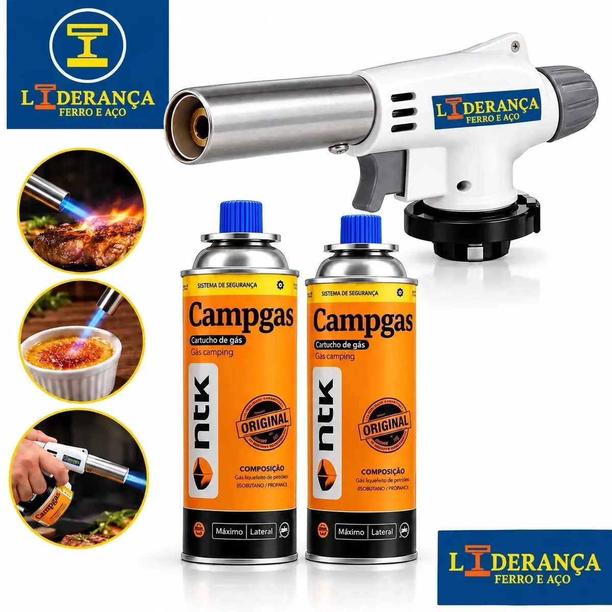 Maçarico Portátil Regulável + 2 Refil Chama Fina 1300°C Para Gás Butano