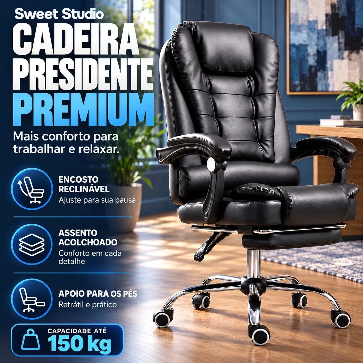 Cadeira De Escritório Presidente Ergonômica Couro Sintético Encosto Ajustável Com Trava E 