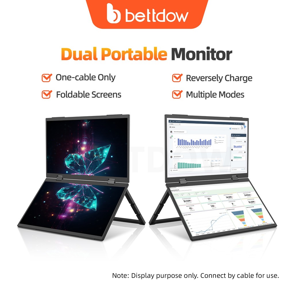 BETTDOW Monitor De Tela Dupla De 15.4 Polegadas Dobrável 315 Graus Portátil 16 : 9 IPS FHD
