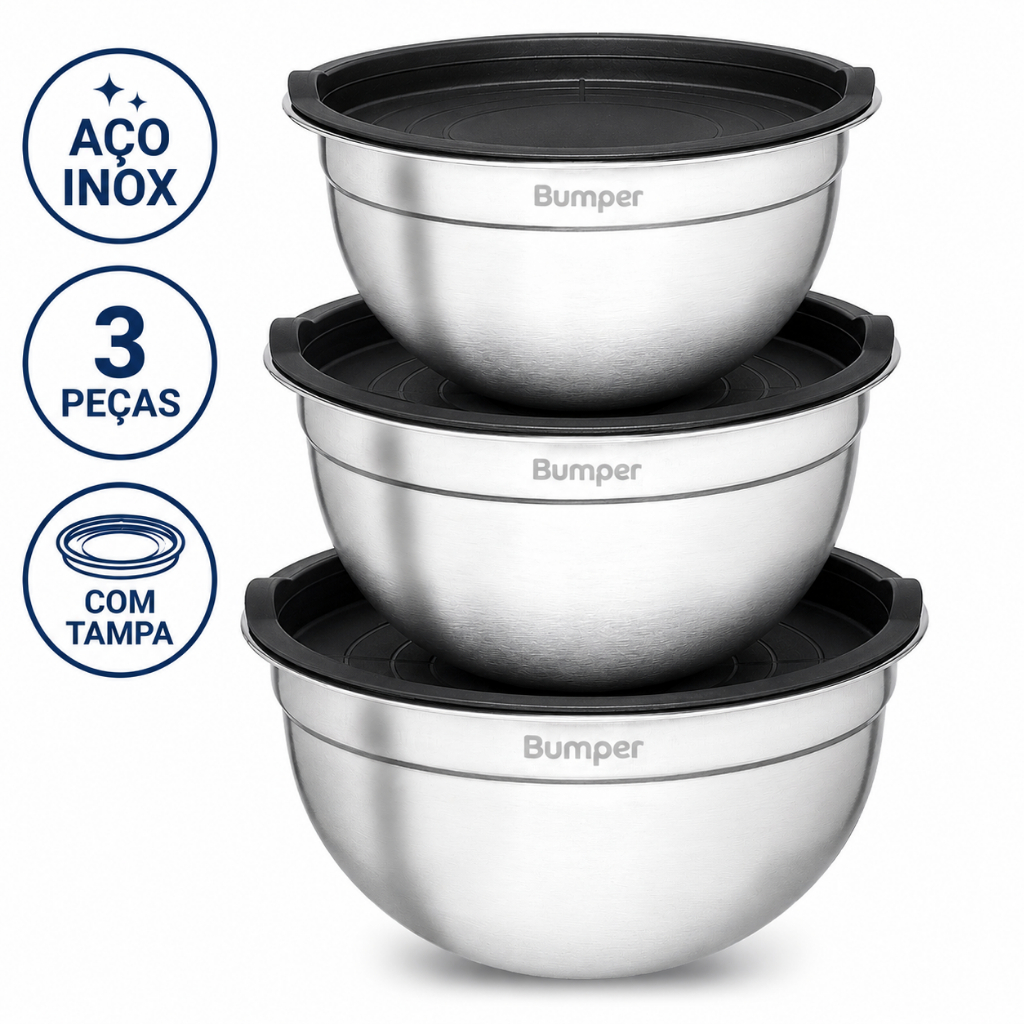 ✅ Kit 3 Bowls Inox com Tampa