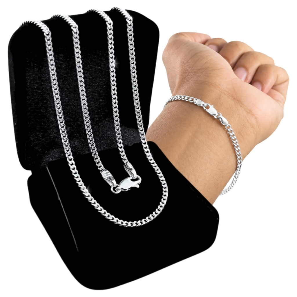 Kit Corrente e Pulseira Prata Grumet