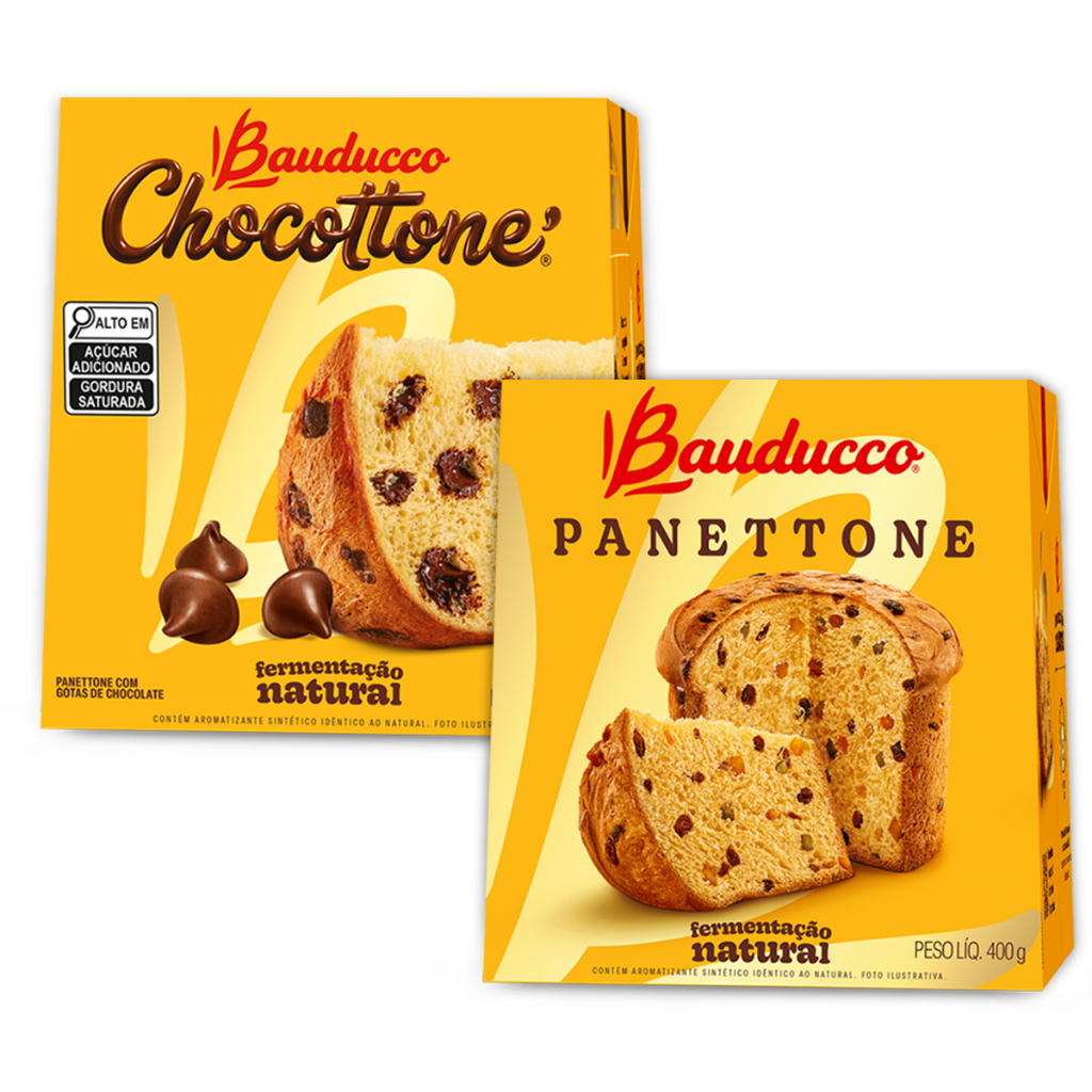 Kit 01 und Panettone Frutas Cristalizadas 400g + 01 und Chocottone 400g Bauducco
