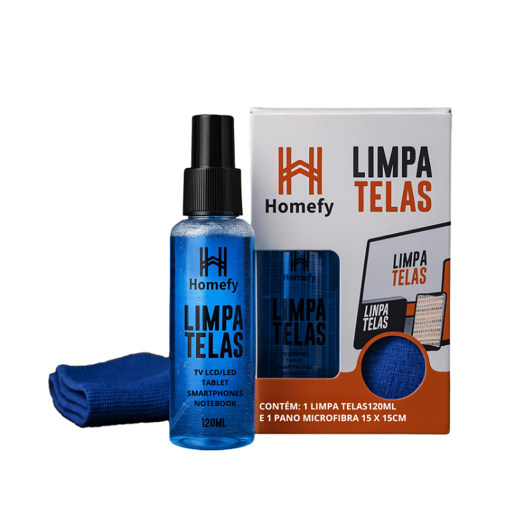 Limpa Telas Homefy 120ml com Pano - Limpeza Sem Manchas para TV, Notebook e Celular | Anti