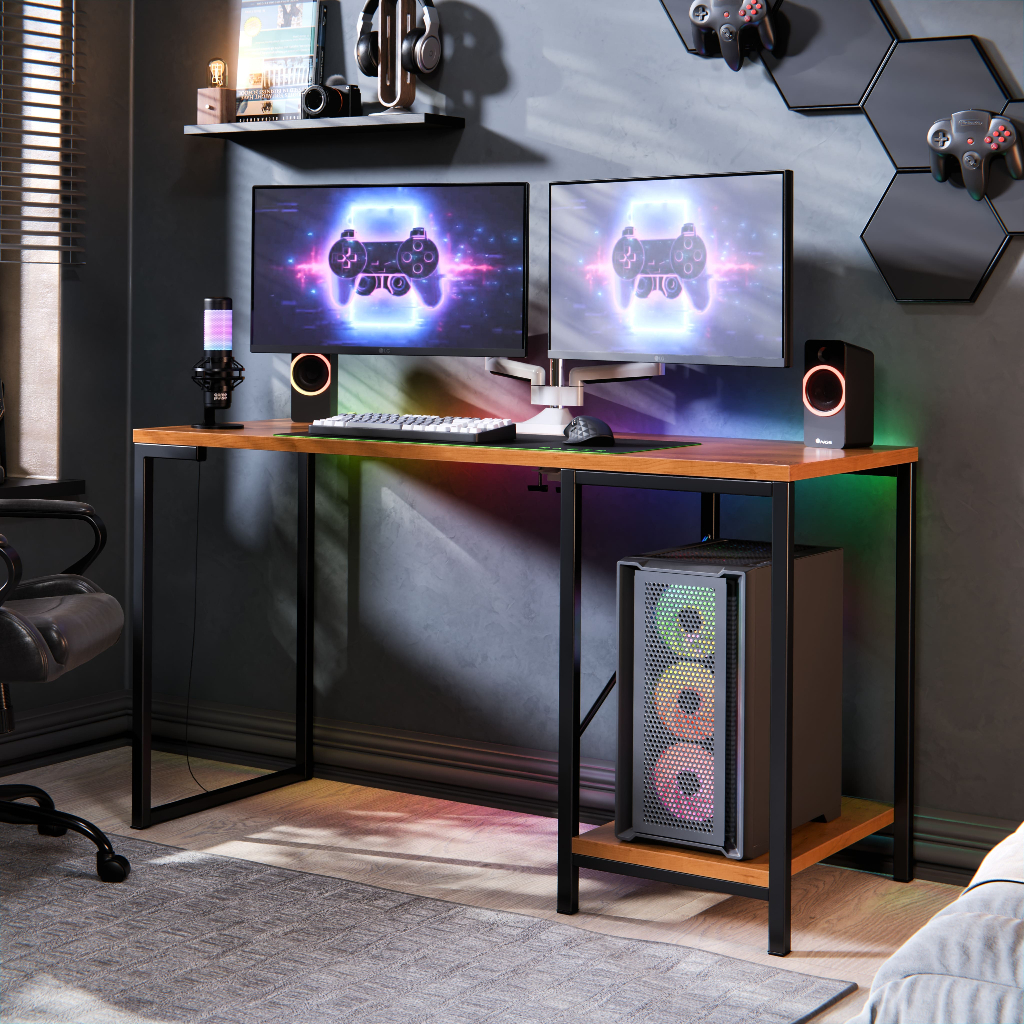 Mesa Escrivaninha Gamer e Home Office Barcelona Estilo Industrial com Prateleira em Aço Re