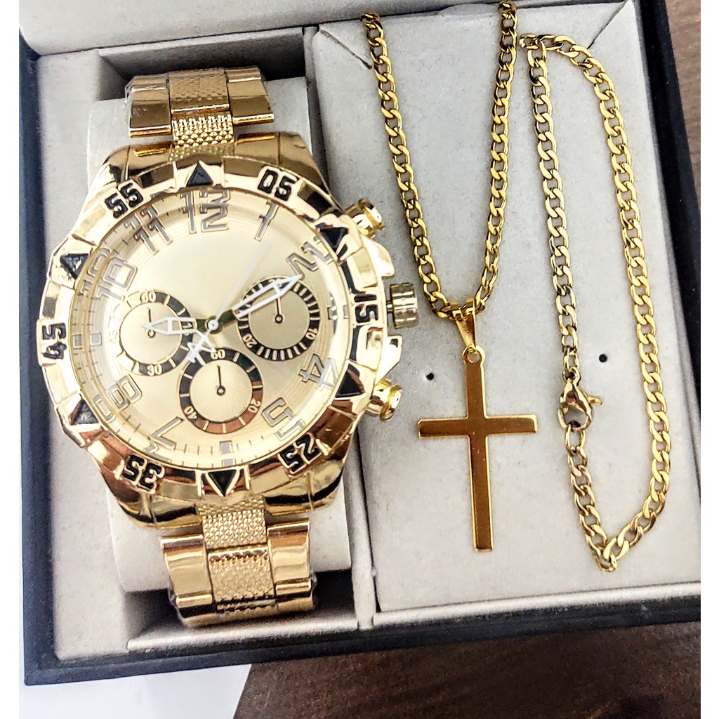 ✅ Relógio Dourado com Corrente e Pulseira
