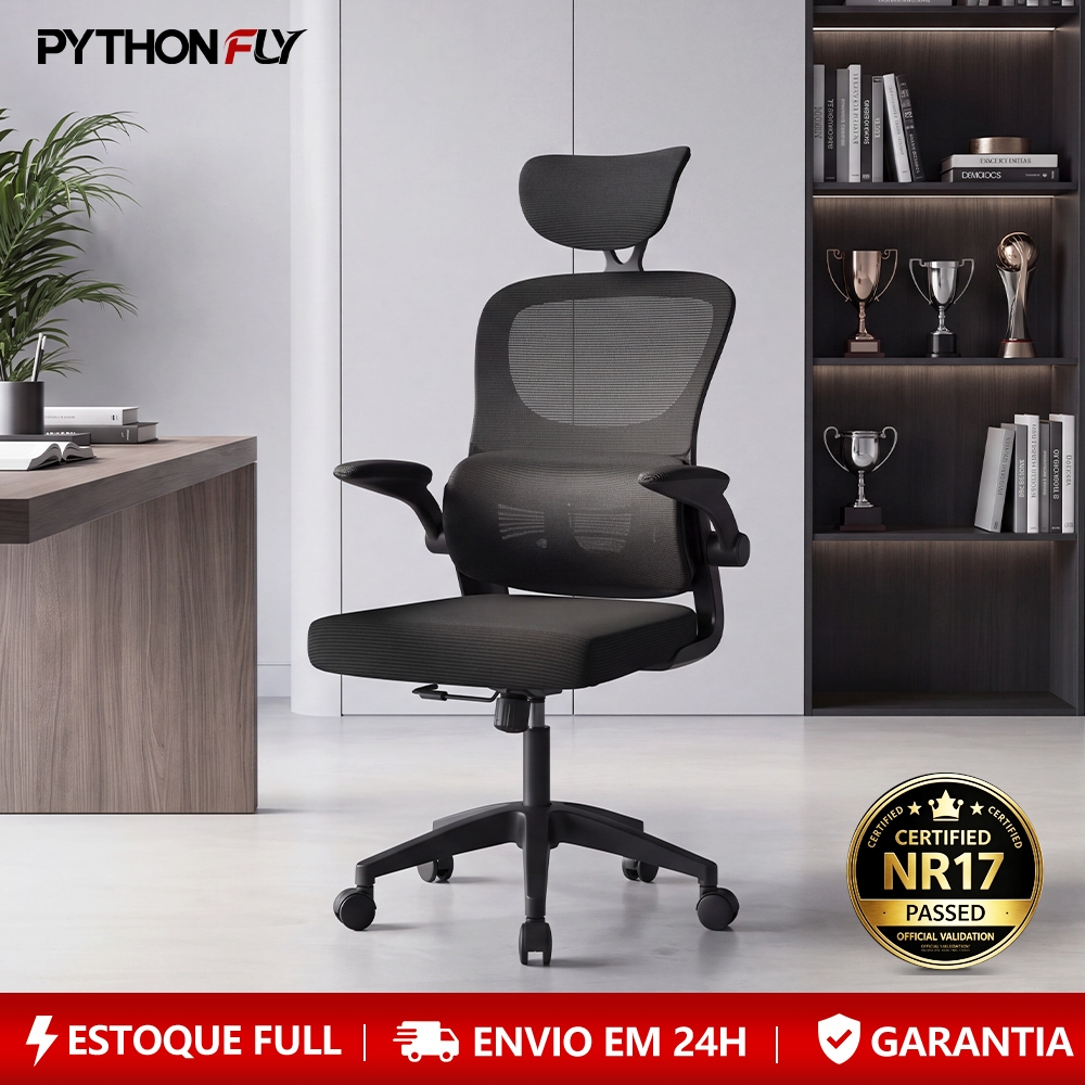🔥 Cadeira de Escritório Ergonômica Com Apoio Lombar e Apoio de Cabeça Cinza com estofado 