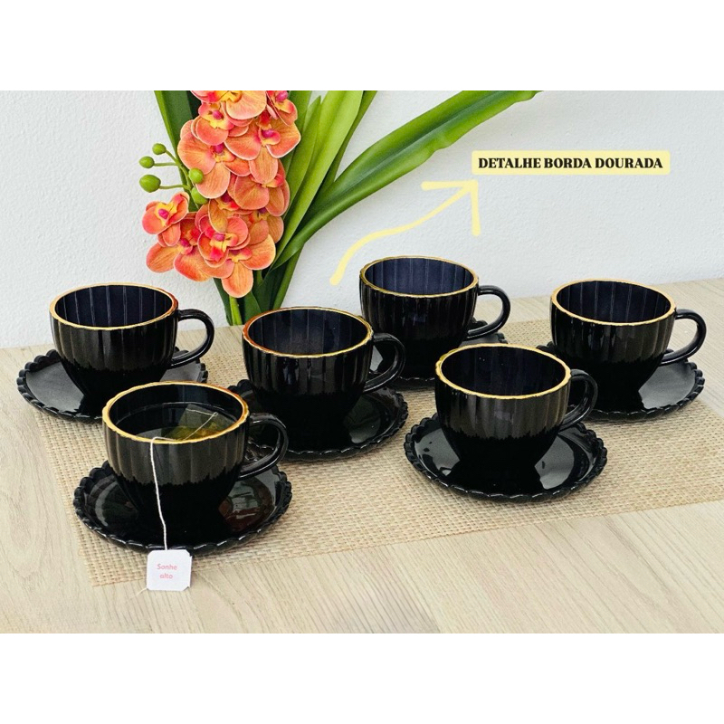 Conjunto Xícaras Preta Fio de Ouro 12 Peças Com Pires Vidro 100ml