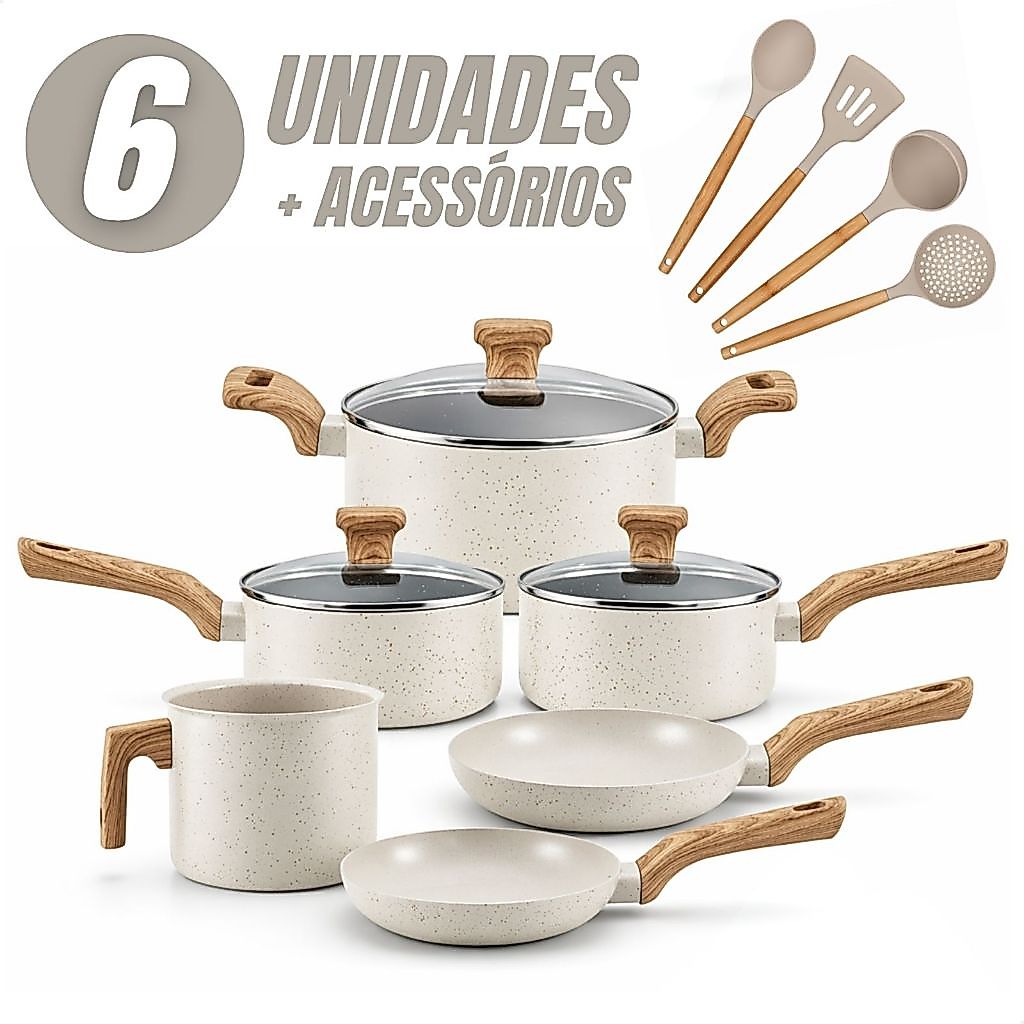 Jogo de Panelas 6 Peças Antiaderentes Tampa Vidro com 4 Utensílios de Cozinha