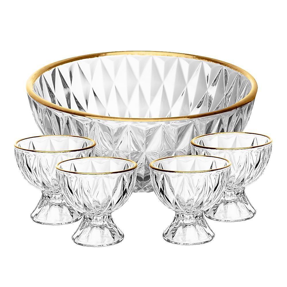 Conjunto 1 Bowl 1L e 4 Taças 120ml Diamond Lyor Cristal com Fio de Ouro para Sobremesas Do