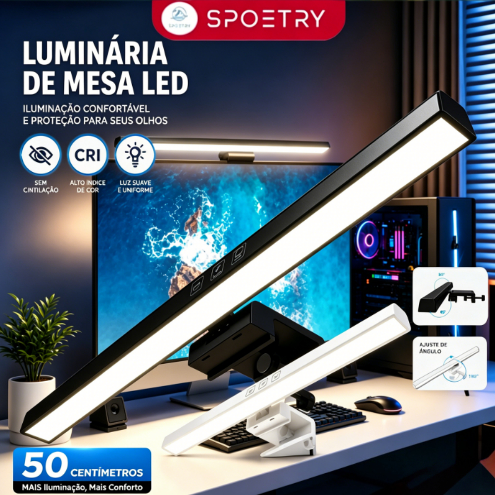 Barra de Luz LED USB para Monitor PC, 3 Cores Ajustáveis Reguláveis, Antirreflexo Proteção