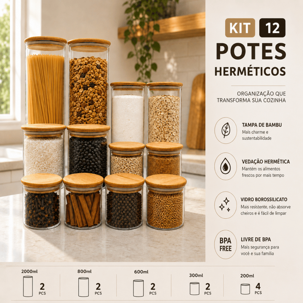 Kit 12 Potes Vidro Tampa Bambu