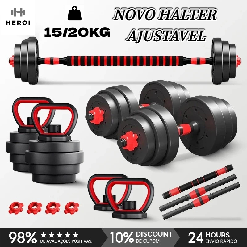 ✅ Kit Halteres Ajustáveis HEROI Barra Longa