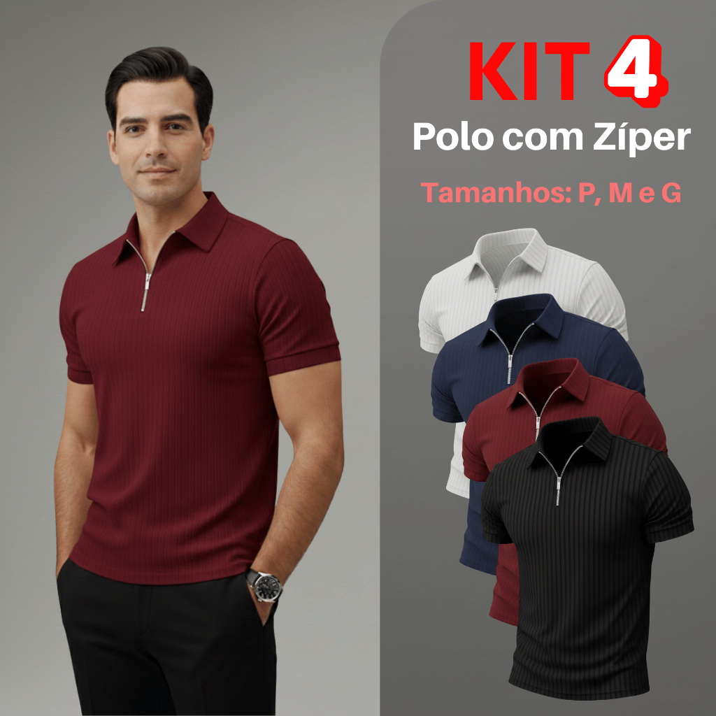 ✅ Kit 4 Camisetas Polo Canelada Zíper