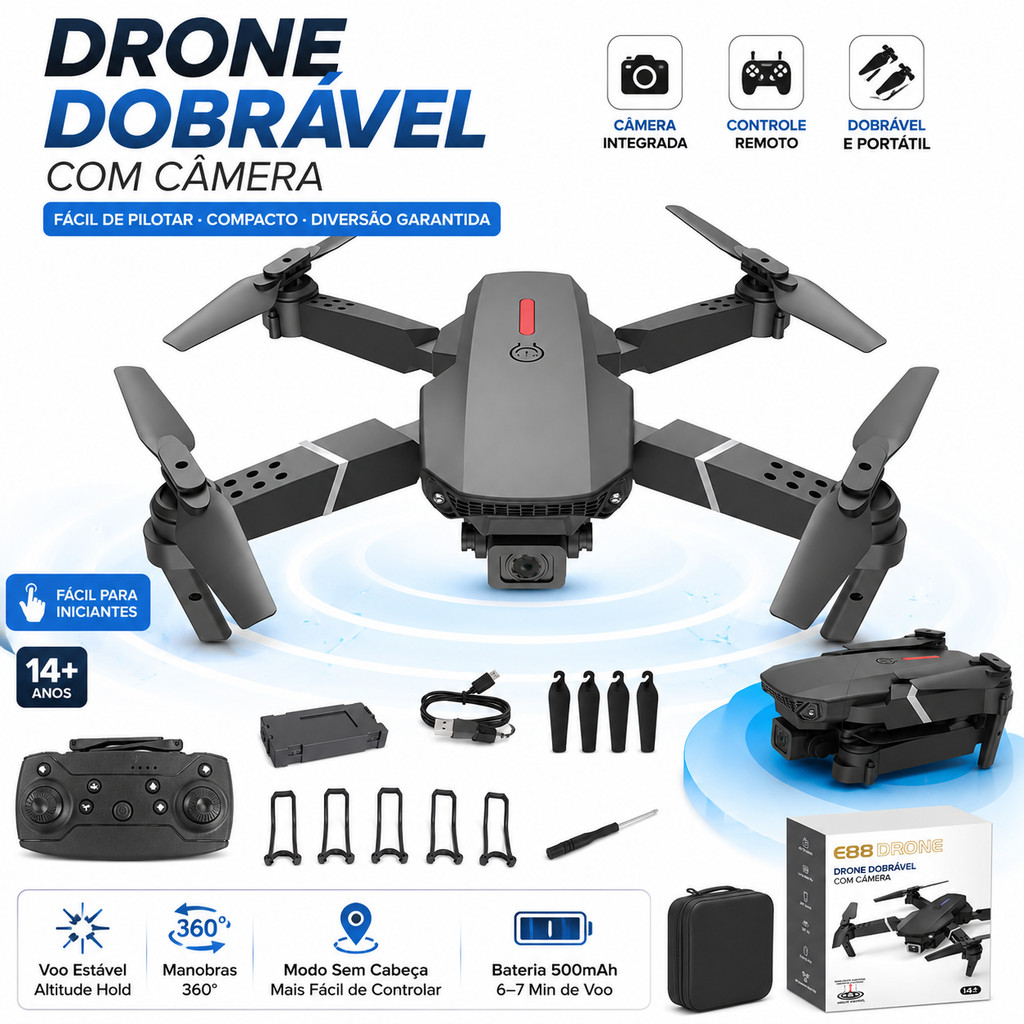 ✅ Drone E88 Dobrável Câmera HD