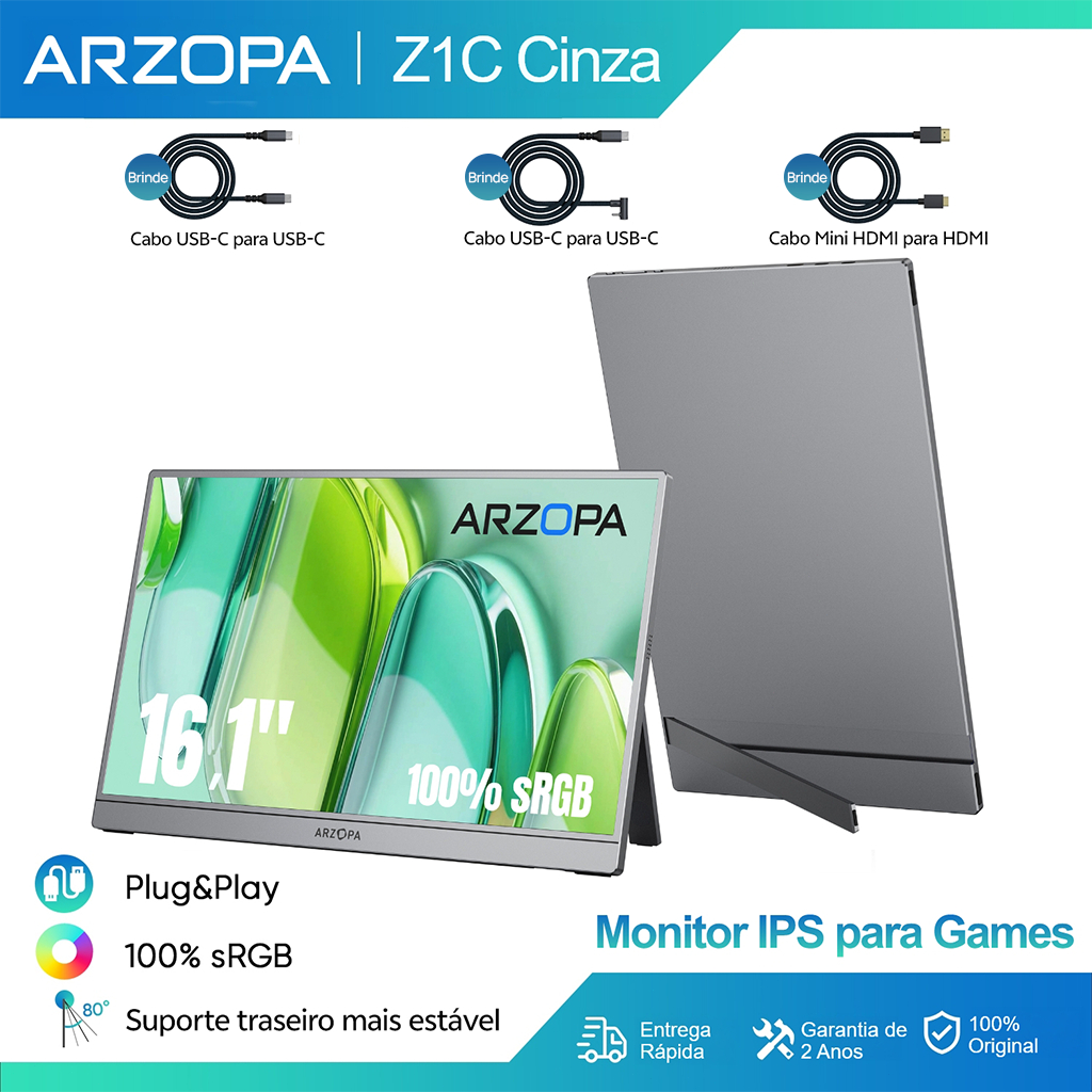 Arzopa Z1C Cinza-Monitor Portátil Com Suporte 100 % sRGB De 16.1 " , 1080P FHD Tela De Ext