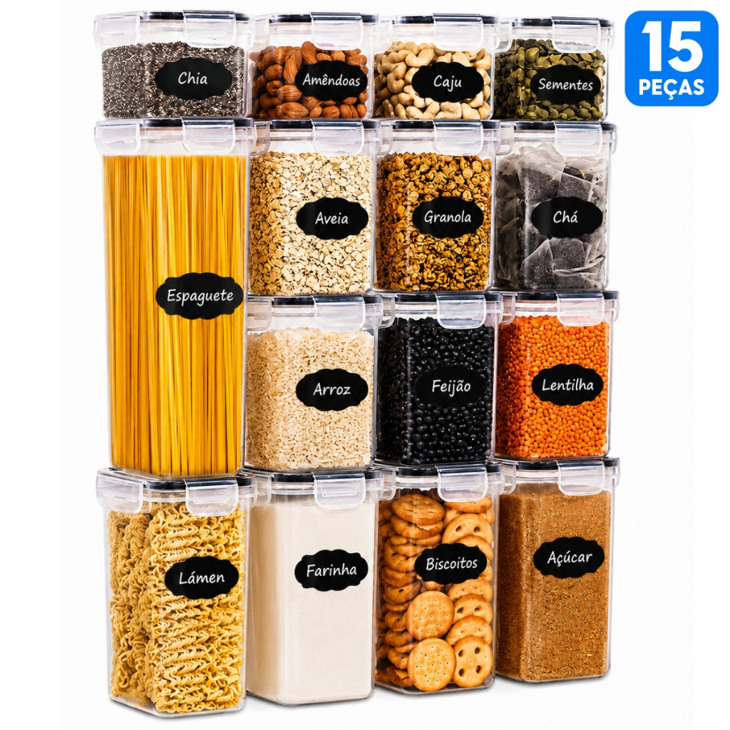 ✅ Kit 15 Potes Herméticos Empilháveis