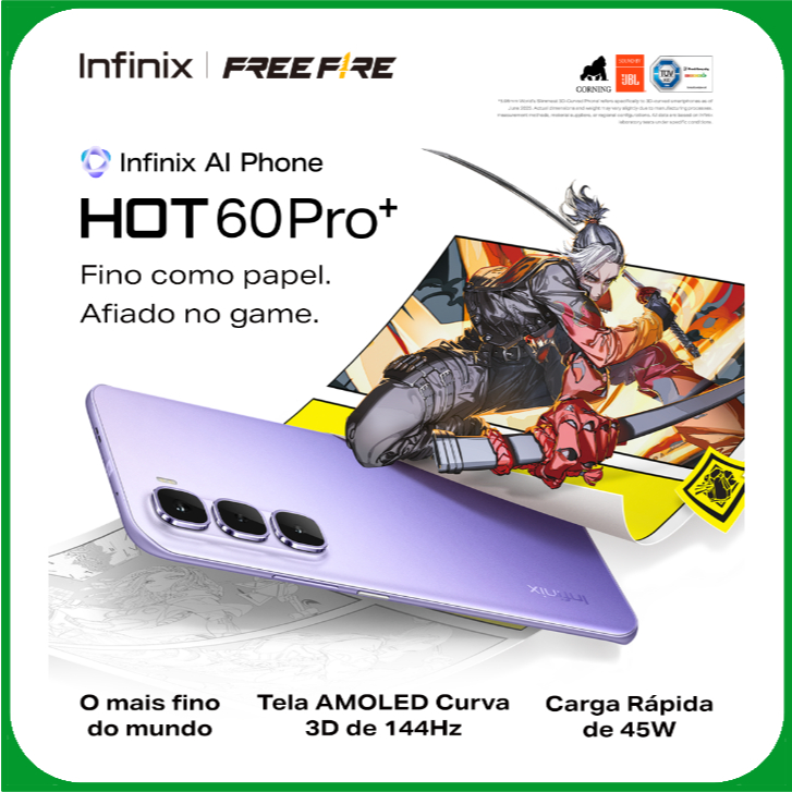 Smartphone Infinix Hot 60 Pro+ 4G 256GB Até 16GB RAM MediaTek Helio G200 Tela Curva 3D de 