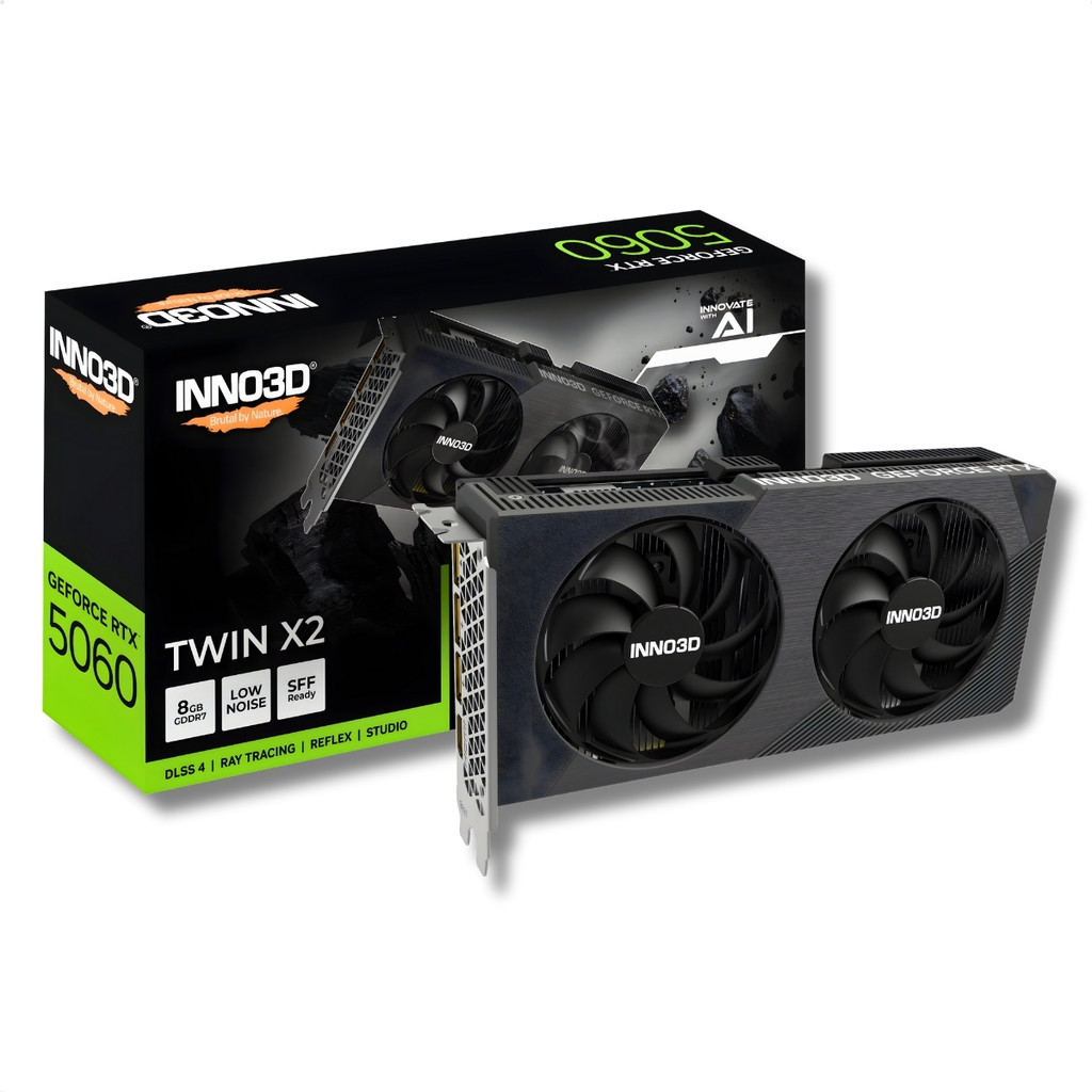 🔥 Placa de Vídeo 8GB GDDR7 INNO3D TWIN X2 OC RTX 5060 NVIDIA GeForce 2 Fans N50602-08D7X-