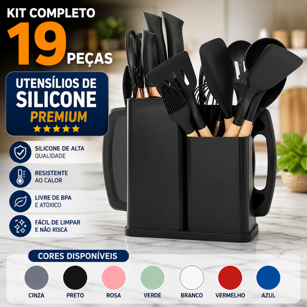 ✅ Kit Utensílios Silicone Cozinha 19 Peças