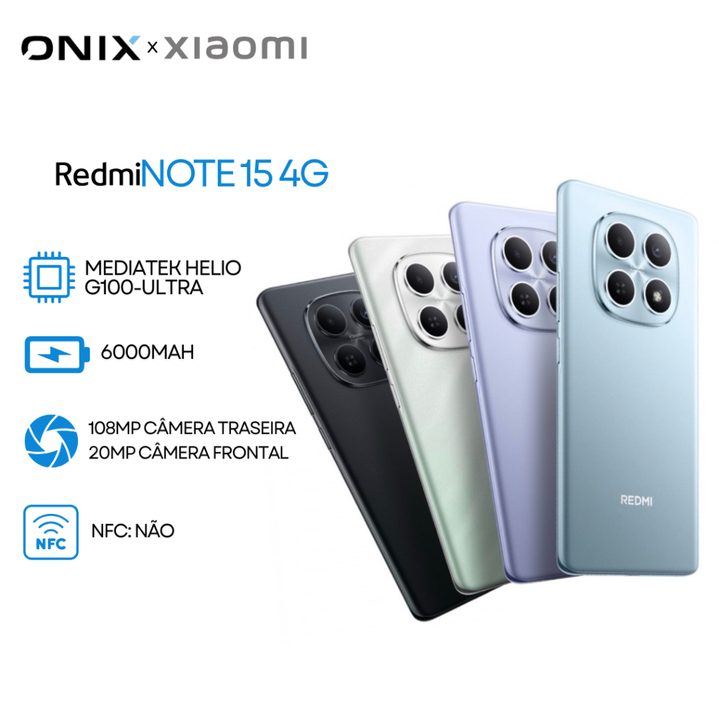Xiaomi Redmi Note 15 4G, Processador Mediatek Hélio G100-Ultra, Bateria 6000mAh, 128/6GB R