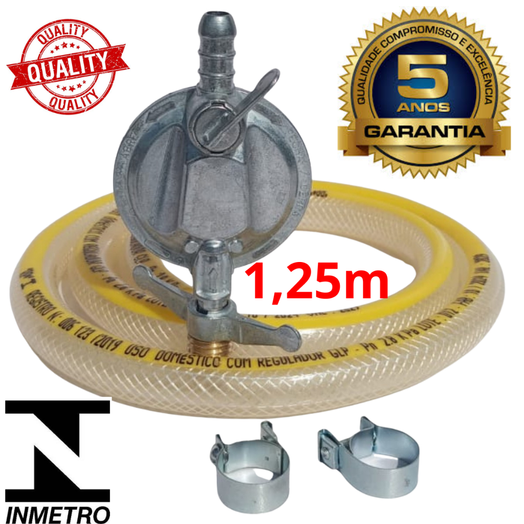 Kit Registro Regulador Gás de Cozinha para Botijão P13 Com Mangueira 1,25m e 2 Abraçadeira