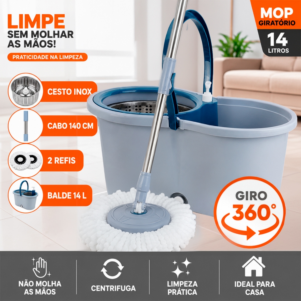 Mop Giratorio Com cabo de 140 Cm Cesto Em Inox 2 Refis - Balde com Centrífuga 14L e Cabo R