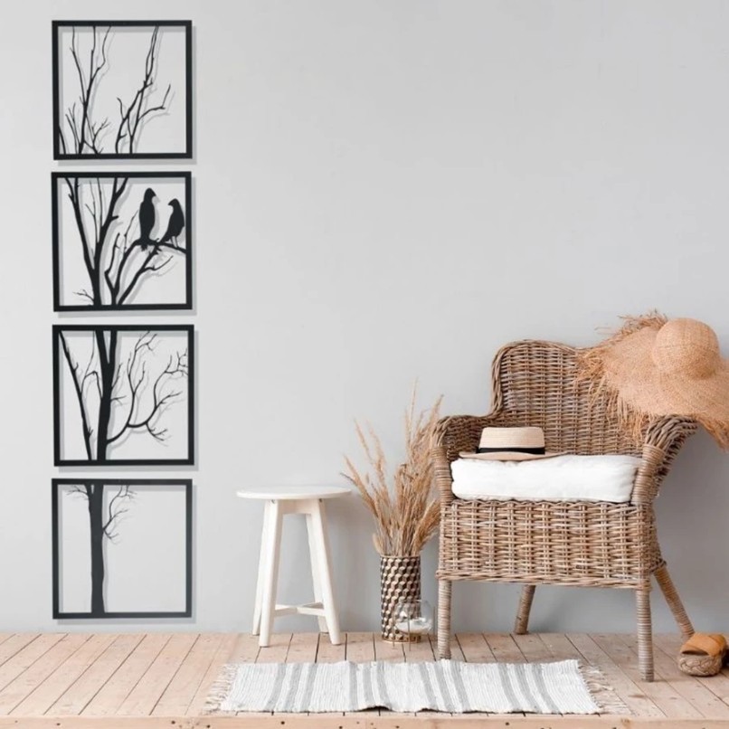 Kit Quadros Decorativos Casal de Pássaros Árvore MDF Vertical 4 Peças Decoração Moderna