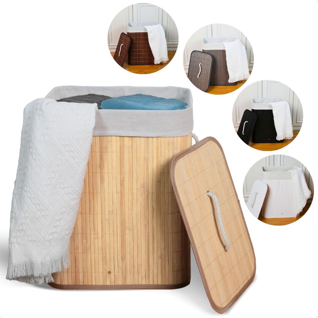 Cesto de Roupa Suja Bambu Com Tampa e Alças 50 Litros