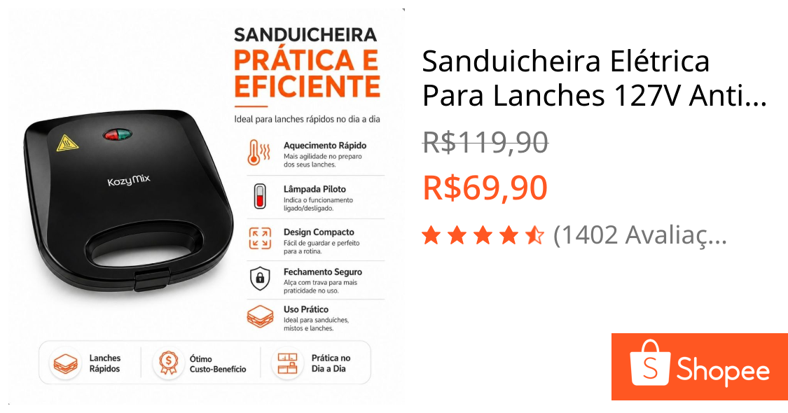 Sanduicheira Elétrica Para Lanches 127V Antiaderente