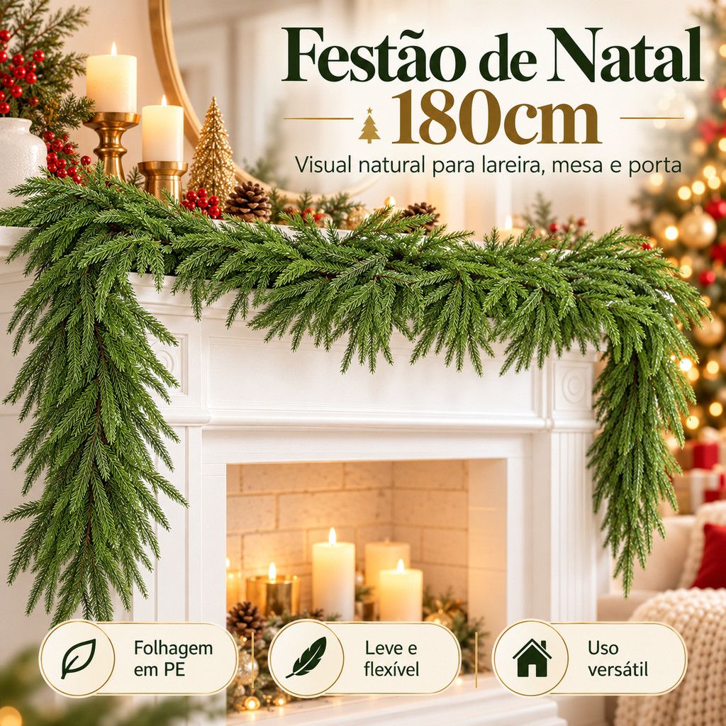 Festão de Natal 1,80m Verde Guirlanda Artificial Pinheiro Norfolk Decoração para Porta Mes