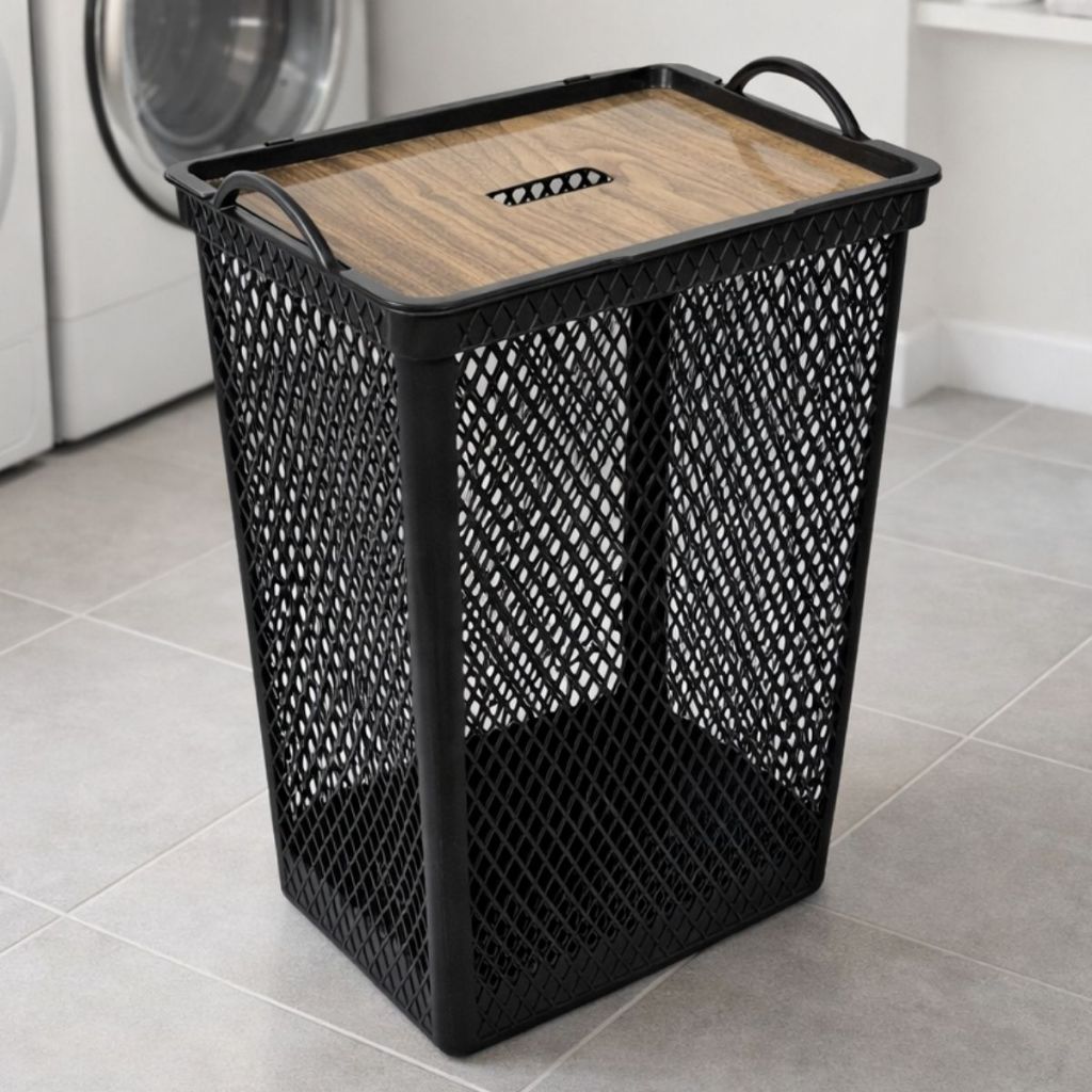 Cesto De Roupa Suja Com Tampa Grande 49L Preto Telado