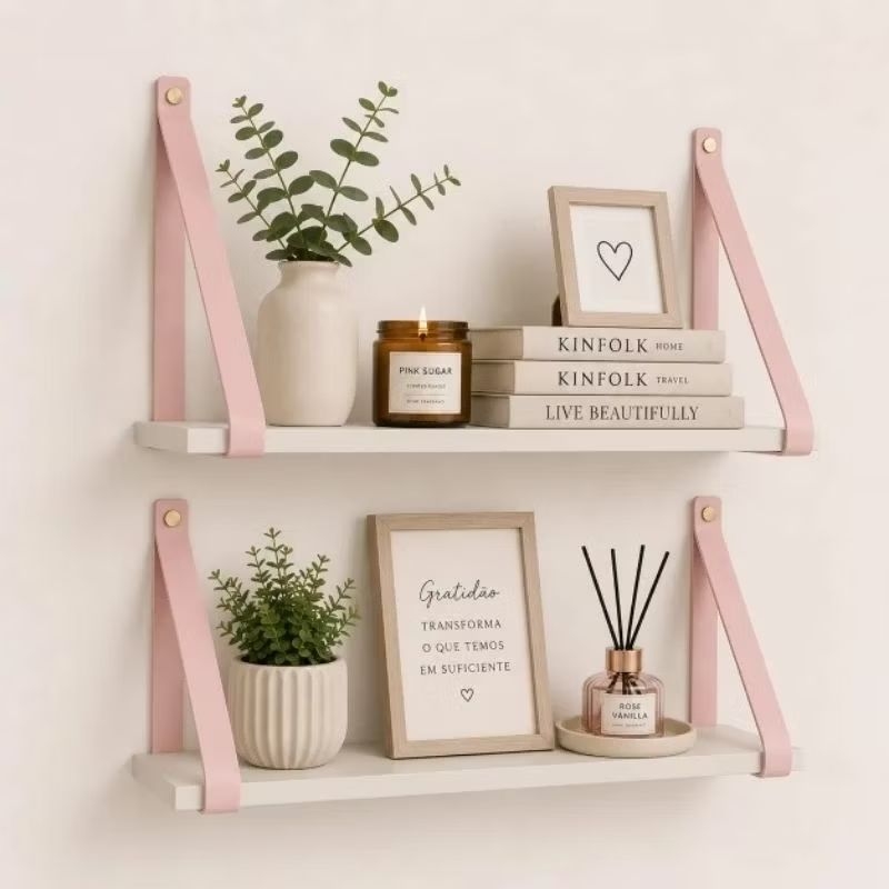 Kit 2 prateleiras branca com alça de couro ecológica rosa