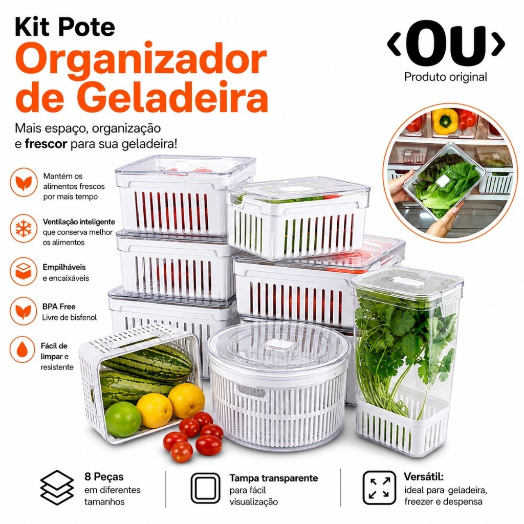 Kit Pote Organizador de Geladeira Com Escorredor Cesto Tampa Multiuso Alimentos Verdura Ve
